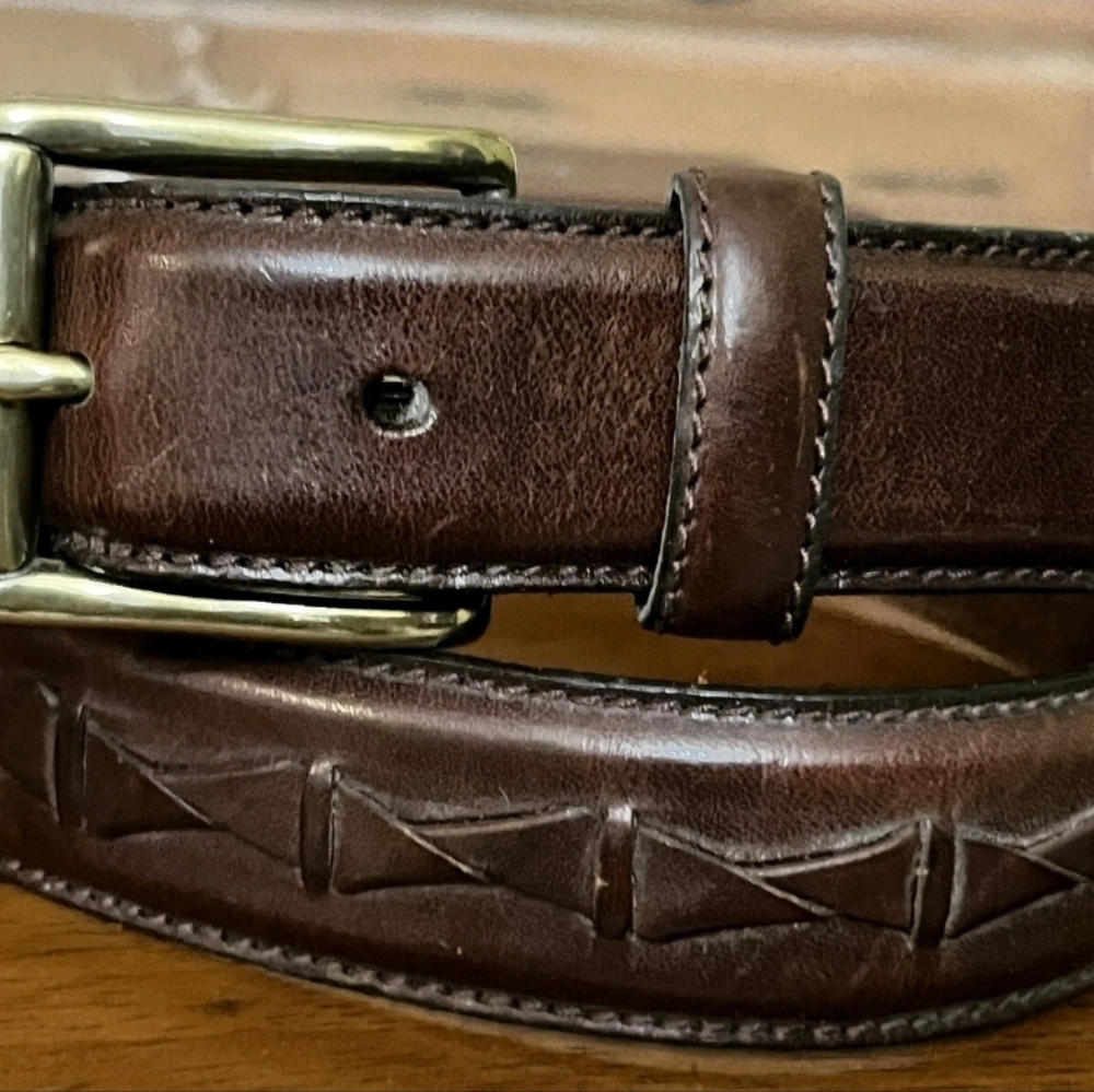 Fossil Men's Brown Woven Leather Belt Brass Basic Classic Western Dress Preowned - Picture 4 of 11